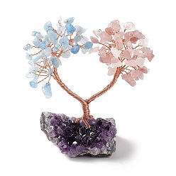 Aquamarine Natural Aquamarine & Rose Quartz Tree Display Decoration, Druzy Amethyst Base Feng Shui Ornament for Wealth, Luck, Love, Rose Gold Brass Wires Wrapped, 40~54x82~93x106~120mm