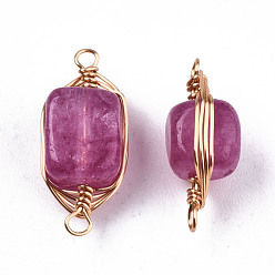 Medium Orchid Natural Agate Links Connectors, Light Gold Tone Brass Wire Wrapped, Cube, Medium Orchid, 17x8.5x7mm, Hole: 1.6mm
