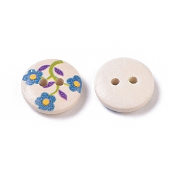 Floral White Painted 2-hole Sewing Button with Lovely Broken Flowers, Wooden Buttons, Floral White, 15mm in diameter