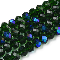 Dark Green Electroplate Glass Beads Strands, Half Rainbow Plated, Faceted, Rondelle, Dark Green, 6x5mm, Hole: 1mm, about 85~88pcs/strand, 16.1~16.5 inch(41~42cm)
