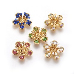 Mixed Color Brass Bead Caps, with Enamel and Rhinestone, Flower, Golden, Mixed Color, 15.5x16x5mm, Hole: 1mm, Inner Diameter: 4mm