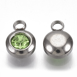 Peridot Rhinestone Charms, August Birthstone Charms, with 201 Stainless Steel, Flat Round, Stainless Steel Color, Peridot, 9x6.5x4mm, Hole: 1.8mm
