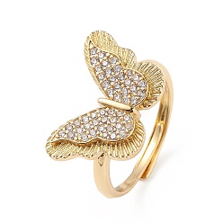 Настоящее золото 18K Регулируемое кольцо в виде бабочки из прозрачного циркония, украшения из латуни для женщин, без свинца и без кадмия, реальный 18 k позолоченный, внутренний диаметр: 18 мм