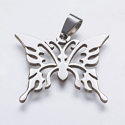 Stainless Steel Color 202 Stainless Steel Pendants, Butterfly, Stainless Steel Color, 26.5x31.5x1.5mm, Hole: 3.5x7mm