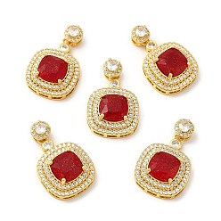 Red Rack Plating Brass & Crushed Ice Cut Cubic Zirconia Pendants, with Rhinestone, Real 14K Gold Plated, Cadmium Free & Lead Free, Rounded Square Charm, Red, 25x18.5x8mm, Hole: 2.5x4mm