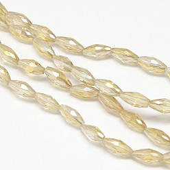 Champagne Yellow Electroplate Crystal Glass Rice Beads Strands, Faceted, Rainbow Color Plated, Champagne Yellow, 4x9mm, Hole: 1mm, about 58pcs/strand, 20.4 inch