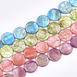 Mixed Color Freshwater Shell Beads Strands, Dyed and Drawbench, Flat Round, Mixed Color, 19.5~20.5x2.5~4mm, Hole: 1mm, 19~20pcs/strand, 15.5 inch~15.9 inch