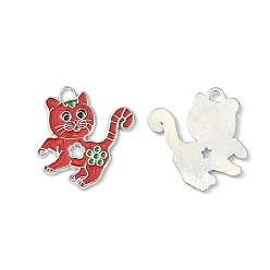 Crimson Alloy Enamel Kitten Pendants, Cadmium Free & Lead Free, Cartoon Cat with Flower Shape, Platinum Color, Crimson, 27x24x2mm, Hole: 3mm