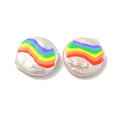 Colorful Flat Round Enamel Natural Pearl Beads, Rainbow Pattern, Colorful, 17x16x5mm, Hole: 1mm