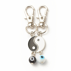 Platinum Alloy Enamel Keychain, with Alloy Swivel Lobster Claw Clasps and Evil Eye Lampwork Bead, Yin Yang, Platinum, 65mm, 2pcs/set