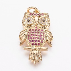 Real 18K Gold Plated Brass Micro Pave Cubic Zirconia Pendants, Cadmium Free & Nickel Free & Lead Free, Owl, Real 18K Gold Plated, 24.5x14.5x4.5mm, Hole: 3mm