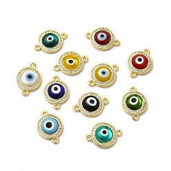 Mixed Color Rack Plating Real 18K Gold Plated Brass Micro Pave Clear Cubic Zirconia Connector Charms, Flat Round with Evil Eye Links, with Handmade Lampwork, Cadmium Free & Lead Free, Long-Lasting, Mixed Color, 18.5x13x4mm, Hole: 1.4mm