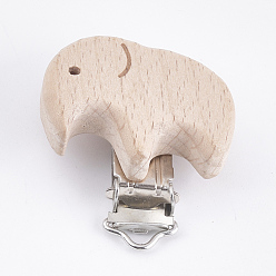Bois Solide Clips porte-sucette bébé en bois de hêtre, avec des clips de fer, éléphant, platine, burlywood, 49x41x19mm, Trou: 3.5x6mm