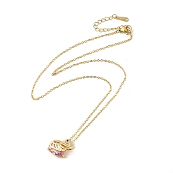 Wing Pink Cubic Zirconia Pendant Necklace, Golden Brass Jewelry for Women, Wing Pattern, Wing: 17x13x7.5mm, 16.54 inch(42cm)