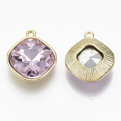 Pink Golden Plated Alloy Pendants, with Glass Rhinestone, Rhombus, Pink, 18x15x5mm, Hole: 1.4mm