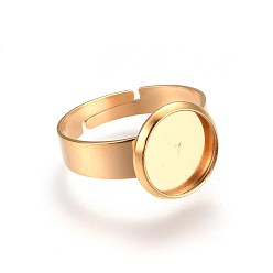 Oro Componentes de anillos de dedo de acero inoxidable ajustables 201, fornituras base de anillo almohadilla, plano y redondo, dorado, tamaño de 7, 17 mm, Bandeja: 10 mm