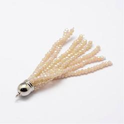 PeachPuff Electroplate Faceted Glass Bead Tassel Big Pendants, with Brass Findings, Platinum, PeachPuff, 71x9mm, Hole: 1.5mm