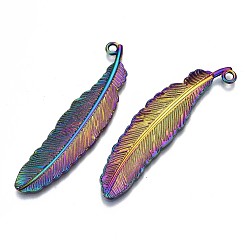 Rainbow Color Alloy Big Pendants, Cadmium Free & Lead Free, Feather, Rainbow Color, 52x12x2mm, Hole: 2mm
