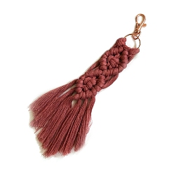 Indian Red Macrame Cotton Cord Woven Tassel Pendant Keychain, with Swivel Clasp, Indian Red, 20x2.5cm