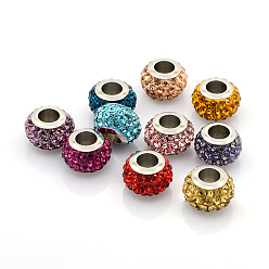 Mixed Color 304 Stainless Steel Polymer Clay Rhinestone European Beads, Large Hole Rondelle Beads, Mixed Color, 12.5x8mm, Hole: 5mm