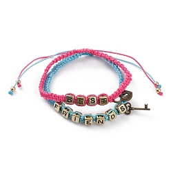 Mixed Color Best Friend Friendship Bracelets Sets, Adjustable Waxed Polyester Cord Braided Bead Bracelets, with Alloy Key & Padlock Pendants, Acrylic Cube Beads and Brass Round Beads, Mixed Color, Inner Diameter: 2-1/8~3-6/8 inch(5.5~9.5cm), 2pcs/set