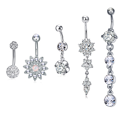 Platinum Brass Piercing Jewelry, Belly Rings, with Glass Rhinestone, Mixed Shapes, Platinum, 22~64mm, Bar: 15 Gauge(1.5mm), 5pcs/set, Bar Length: 3/8"(10mm)