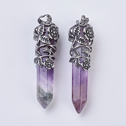 Amethyst Natural Amethyst Pointed Pendants, with Antique Silver Plated Brass Findings, Faceted, Bullet, Flower, 58~61x15~17mm, Hole: 5x7mm