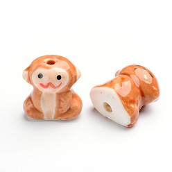 Singe Perles en porcelaine manuelles, porcelaine de la famille rose, douze signes du zodiaque chinois, singe, 18x17x12mm, Trou: 2~3mm