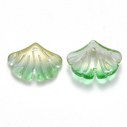 Light Green Two Tone Transparent Spray Painted Glass Pendants, with Glitter Powder, Ginkgo Leaf, Light Green, 15x20x4.5mm, Hole: 1.2mm
