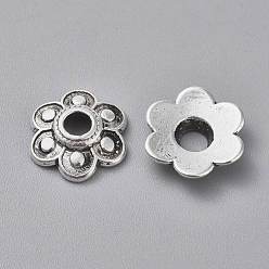 Antique Silver Tibetan Style Alloy Bead Caps, Lead Free, Cadmium Free and Nickel Free, Flower, Antique Silver, about 15mm in diameter, 3mm thick, hole: 4mm