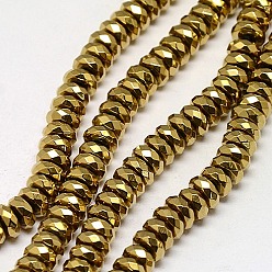 Golden Plated Electroplate Non-magnetic Synthetic Hematite Beads Strands, Faceted, Rondelle, Grade A, Golden Plated, 3x2mm, Hole: 1mm, about 200pcs/strand, 16 inch
