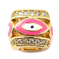 Hot Pink Rack Plating Brass Micro Pave Cubic Zirconia European Beads, with Enamel, Large Hole Beads, Lead Free & Cadmium Free, Barrel with Evil Eye, Real 18K Gold Plated, Hot Pink, 10x12x12mm, Hole: 5.5mm