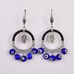Blue Lampwork Beads Dangle Earrings, with Alloy Beads, 316 Surgical Stainless Steel Earring Hooks and Nylon Thread, Hamsa Hand and Evil Eye, Blue, 66mm, Pin: 0.74mm