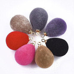 Mixed Color Flocky Acrylic Pendants, with Brass Findings, teardrop, Golden, Mixed Color, 20~20.5x12.5mm, Hole: 1.6mm