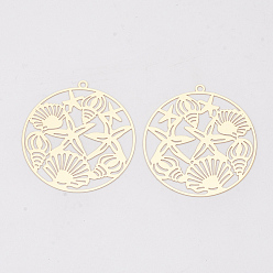 Light Gold Brass Pendants, Etched Metal Embellishments, Long-Lasting Plated, Ocean Theme, Flat Round with Starfish/Sea Stars and Shell, Light Gold, 42.5x40x0.3mm, Hole: 1.8mm