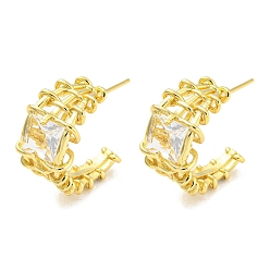 Clear Glass Square Stud Earrings, Rack Plating Real 18K Gold Plated Brass Split Earrings, Long-Lasting Plated, Lead Free & Cadmium Free, Clear, 20x10mm