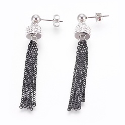 Gunmetal & Stainless Steel Color (Jewelry Parties Factory Sale)304 Stainless Steel Dangle Stud Earrings, with Polymer Clay Rhinestone and Cable Chains, Column and Tassel, Gunmetal & Stainless Steel Color, 62mm