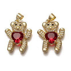 Red Brass Micro Pave Cubic Zirconia Pendants, Long-Lasting Plated, Real 18K Gold Plated, Inlay Bear Shape, Red, 23x18x5.5mm, Hole: 3.5mm