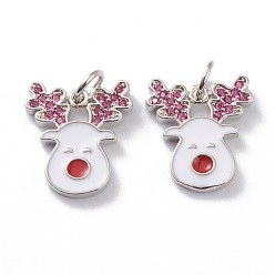 Platinum Brass Micro Pave Cerise Cubic Zirconia Pendants, with White Enamel & Jump Rings, Long-Lasting Plated, For Christmas, Reindeer/Stag, Platinum, 15x13x1.5mm, Hole: 3mm, Jump Ring: 5x1mm