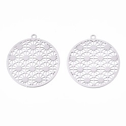 Stainless Steel Color 201 Stainless Steel Filigree Pendants, Etched Metal Embellishments, Flower of Life, Stainless Steel Color, 21.5x20x0.3mm, Hole: 1.2mm
