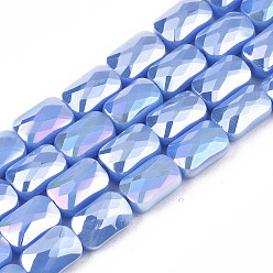 Aciano Azul Electroplate opacas de color sólido de cuentas de vidrio de filamentos, color de ab chapado, facetados, Rectángulo, azul aciano, 7x4x3 mm, agujero: 1 mm, sobre 79~80 unidades / cadena, 20.47 pulgada (52 cm)