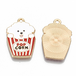 Red Alloy Enamel Pendants, Cadmium Free & Lead Free, Popcorn with White Dog & Word Popcorn, Light Gold, Red, 28x17x1.5mm, Hole: 1.8mm