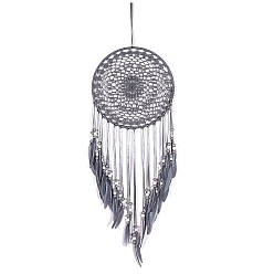 Gray Woven Web/Net with Feather Wall Hanging Decorations, with Iron Ring and Wood Bead, for Home Bedroom Decorations, Gray, 680x200mm