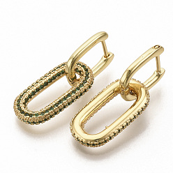 Green Brass Micro Pave Cubic Zirconia Dangle Hoop Earrings, Oval, Real 16K Gold Plated, Green, 31mm, Pin: 0.7x1mm