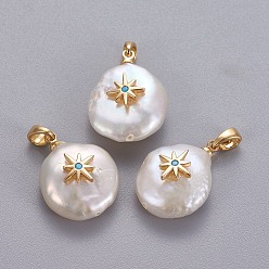 Deep Sky Blue Natural Cultured Freshwater Pearl Pendants, with Brass Micro Pave Cubic Zirconia Findings, Nuggets with Star, Long-Lasting Plated, Golden, Deep Sky Blue, 17~27x12~16x6~12mm, Hole: 4x2.5mm