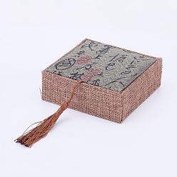 Шифер Серый Деревянные браслет коробки, с бельем и кисточкой из нейлонового шнура, прямоугольные, шифер серый, 10x10x3.7 см