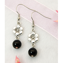 Black Dangle Flower Earrings, with Tibetan Style Pendant, Glass Beads and Brass Earring Hook, Black, 45mm