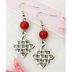 Red Dangle Rhombus Earrings, with Tibetan Style Pendant, Glass Beads and Brass Earring Hook, Red, 53mm