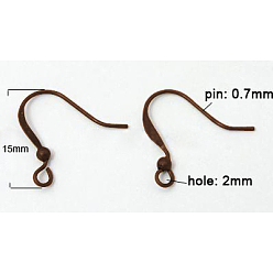 Red Copper Brass French Earring Hooks, Flat Earring Hooks, with Beads and Horizontal Loop, Lead Free & Nickel Free, Red Copper, 15mm, Hole: 2mm