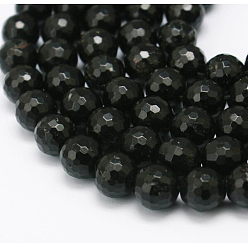 Черный Натуральный турмалин бисер нитей, граненые, круглые, чёрные, 8 мм, отверстие : 1 мм